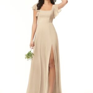 Azazie Bondi Champagne Flutter-Sleeve Maxi Dress with Front Slit